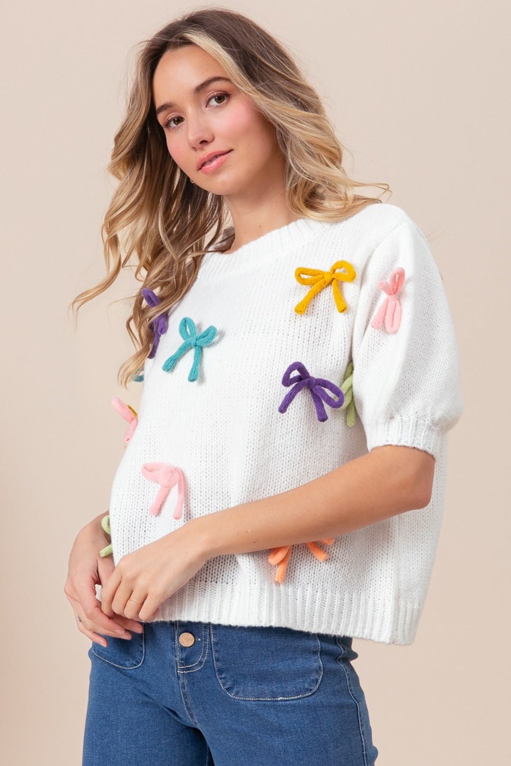 Bow Girly Puff Sleeve Sweater - Mythical Kitty Boutique