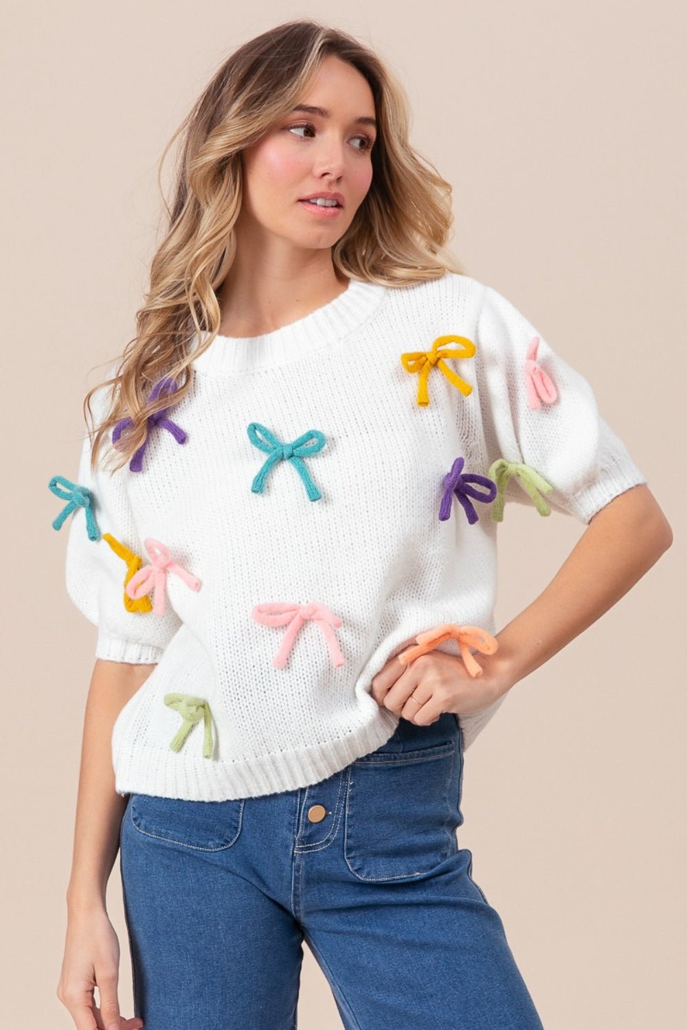 Bow Girly Puff Sleeve Sweater - Mythical Kitty Boutique