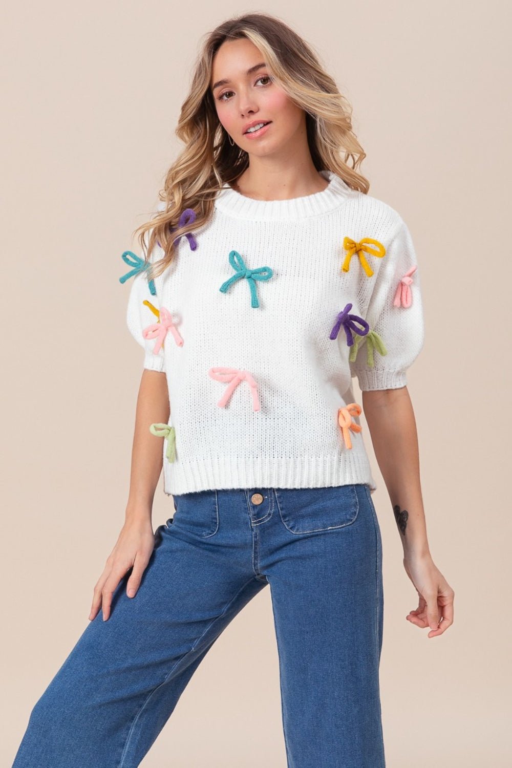 Bow Girly Puff Sleeve Sweater - Mythical Kitty Boutique