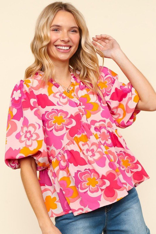 Haptics Frill Floral Puff Sleeve Blouse - Mythical Kitty Boutique