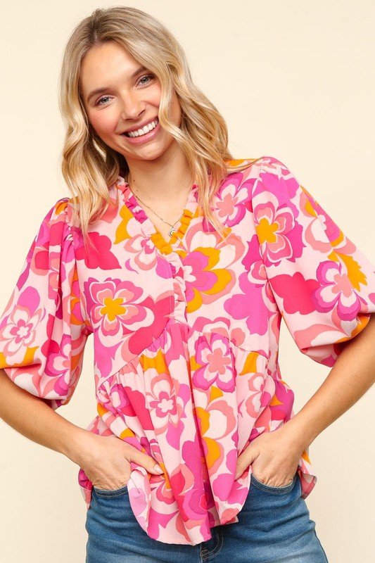 Haptics Frill Floral Puff Sleeve Blouse - Mythical Kitty Boutique