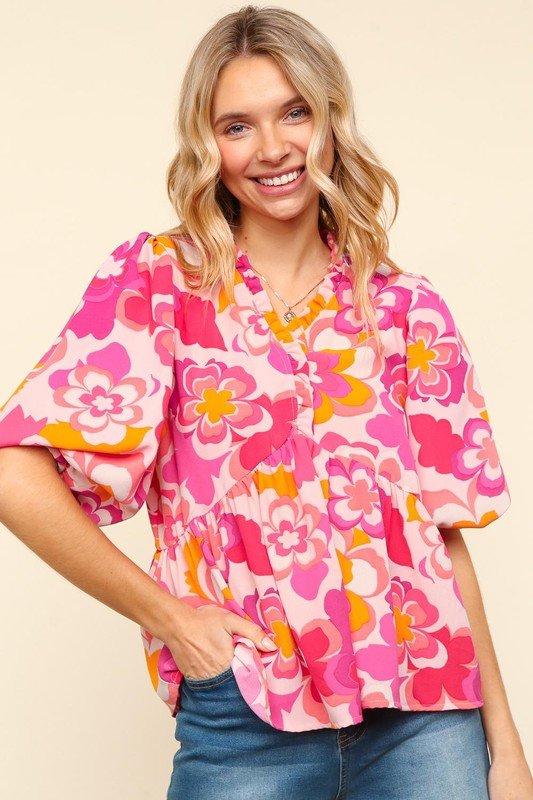 Haptics Frill Floral Puff Sleeve Blouse - Mythical Kitty Boutique