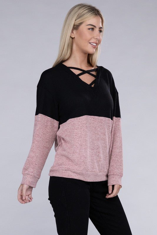 Lace Up V Neck Long Sleeve Top - Mythical Kitty Boutique