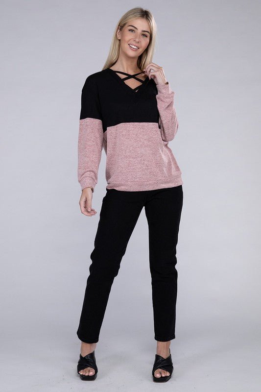 Lace Up V Neck Long Sleeve Top - Mythical Kitty Boutique