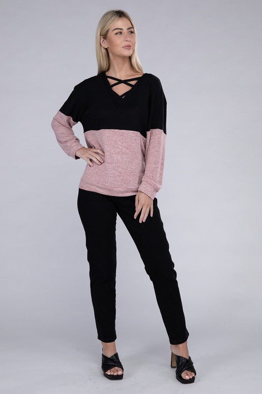 Lace Up V Neck Long Sleeve Top - Mythical Kitty Boutique