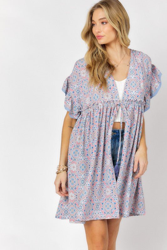 Printed Short Sleeve Ruffle Kimono - Mythical Kitty Boutique