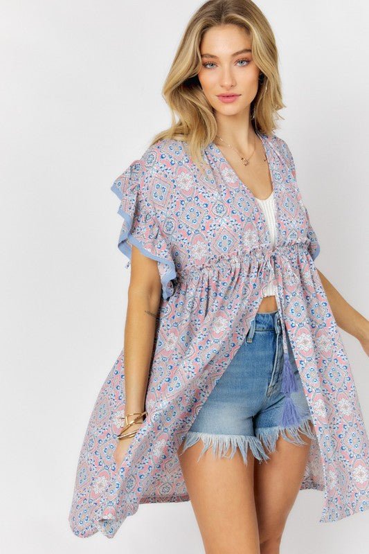 Printed Short Sleeve Ruffle Kimono - Mythical Kitty Boutique