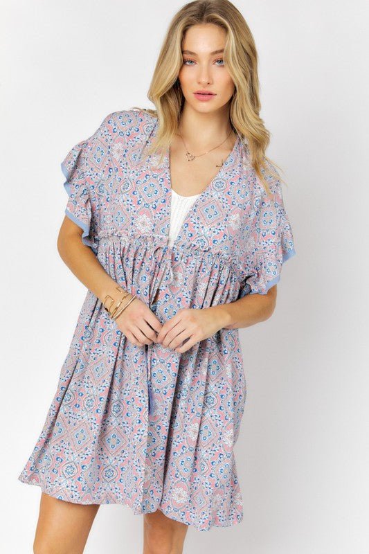 Printed Short Sleeve Ruffle Kimono - Mythical Kitty Boutique