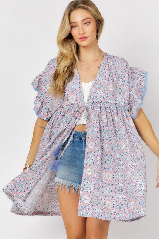 Printed Short Sleeve Ruffle Kimono - Mythical Kitty Boutique