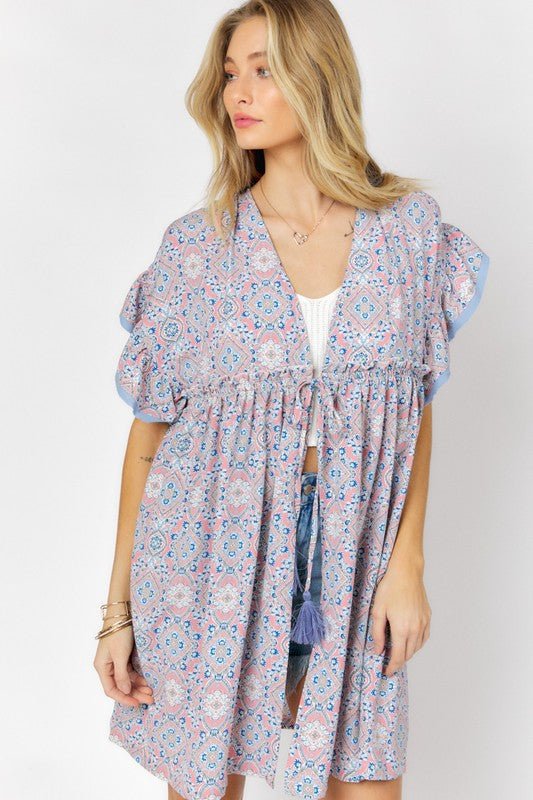 Printed Short Sleeve Ruffle Kimono - Mythical Kitty Boutique