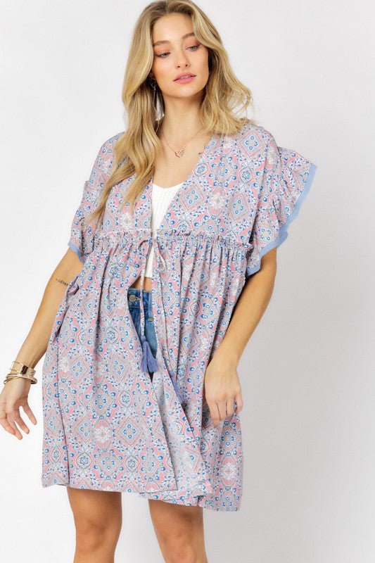 Printed Short Sleeve Ruffle Kimono - Mythical Kitty Boutique