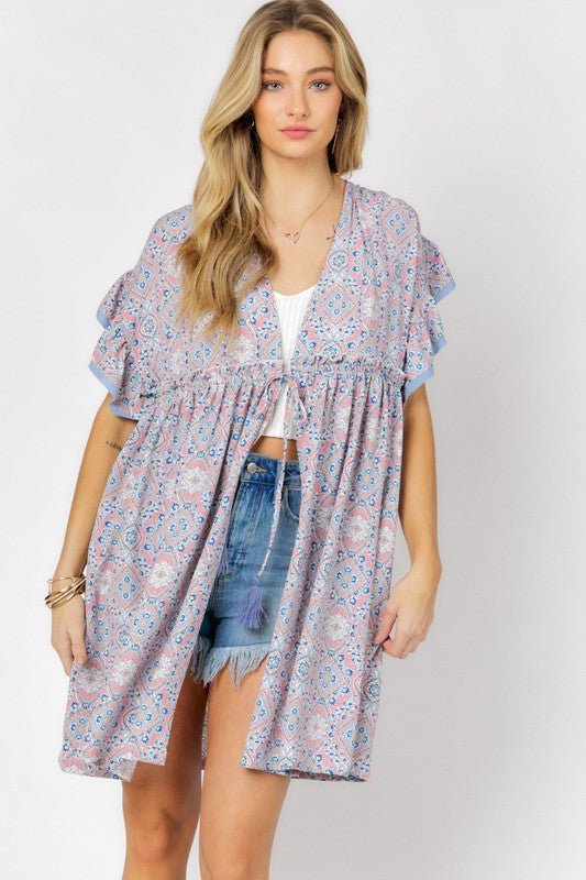 Printed Short Sleeve Ruffle Kimono - Mythical Kitty Boutique