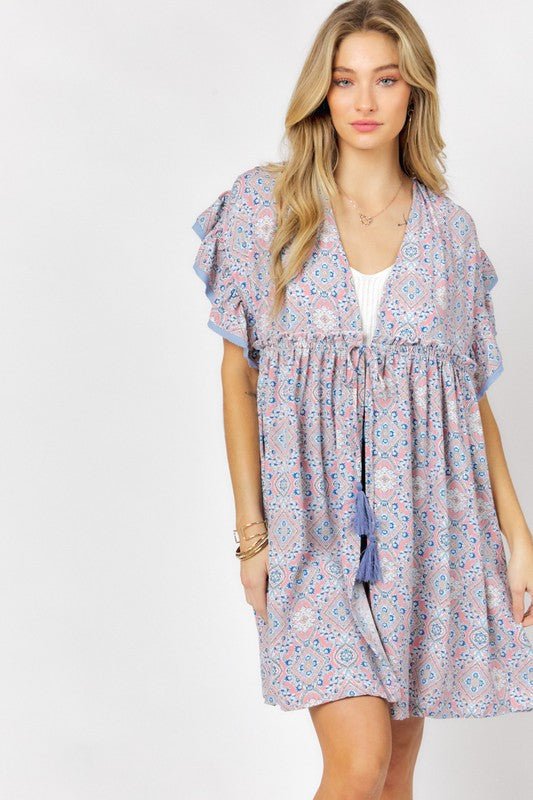 Printed Short Sleeve Ruffle Kimono - Mythical Kitty Boutique