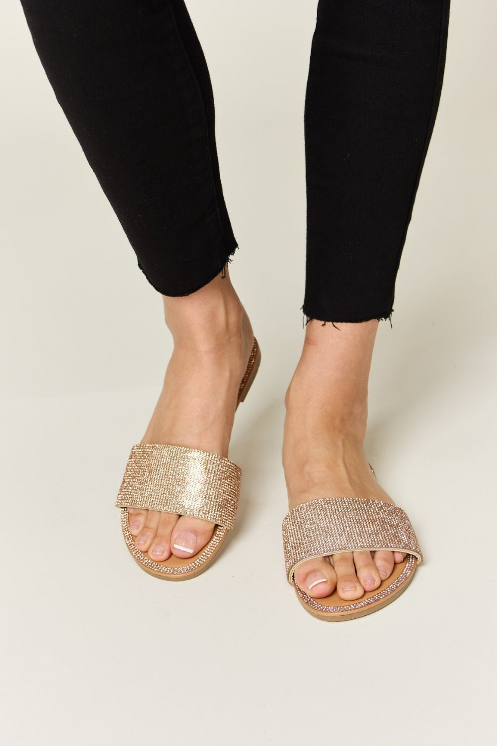 Rhinestone Open Toe Flat Sandals - Mythical Kitty Boutique