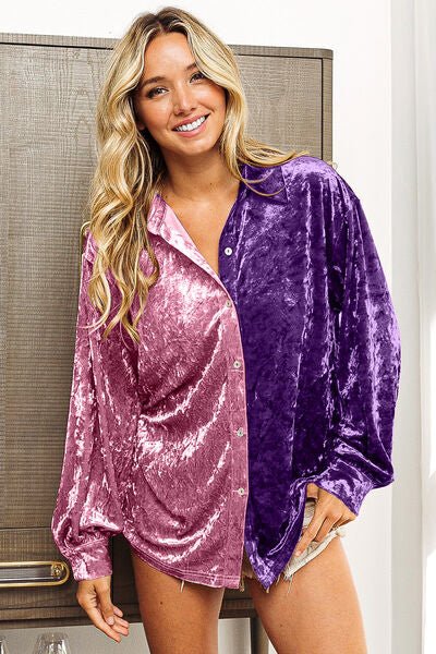 BiBi Contrast Button Up Long Sleeve Shirt - Mythical Kitty Boutique