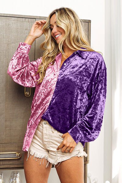 BiBi Contrast Button Up Long Sleeve Shirt - Mythical Kitty Boutique