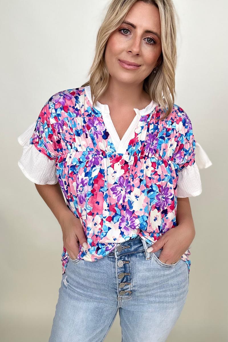 BiBi Floral Brushed Ruffle Sleeve Top - Mythical Kitty Boutique