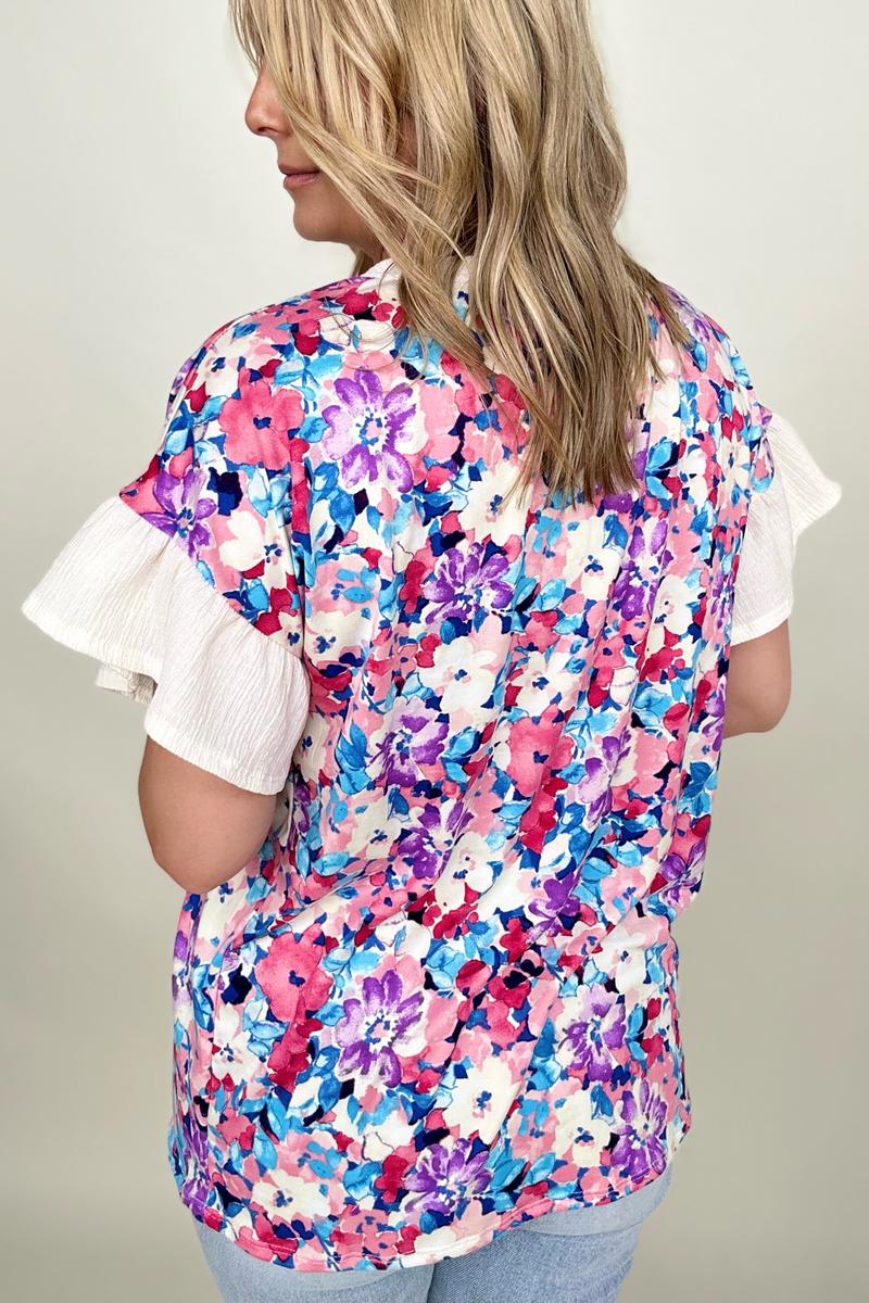 BiBi Floral Brushed Ruffle Sleeve Top - Mythical Kitty Boutique