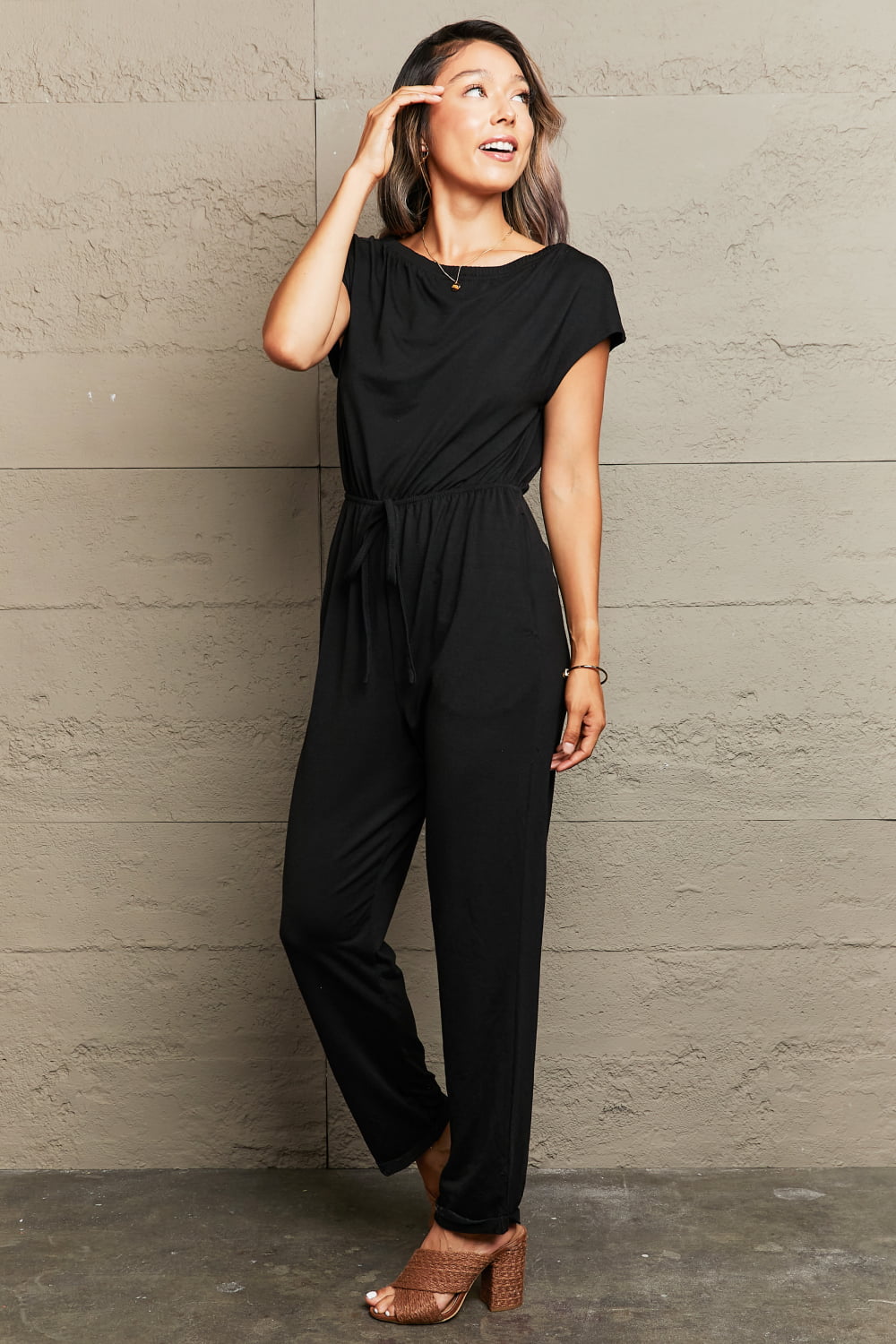 Boat Neck Short Sleeve Jumpsuit with Pockets - Mythical Kitty Boutique