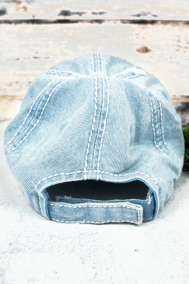 Distressed Light Denim 'God is Good' Cap - Mythical Kitty Boutique