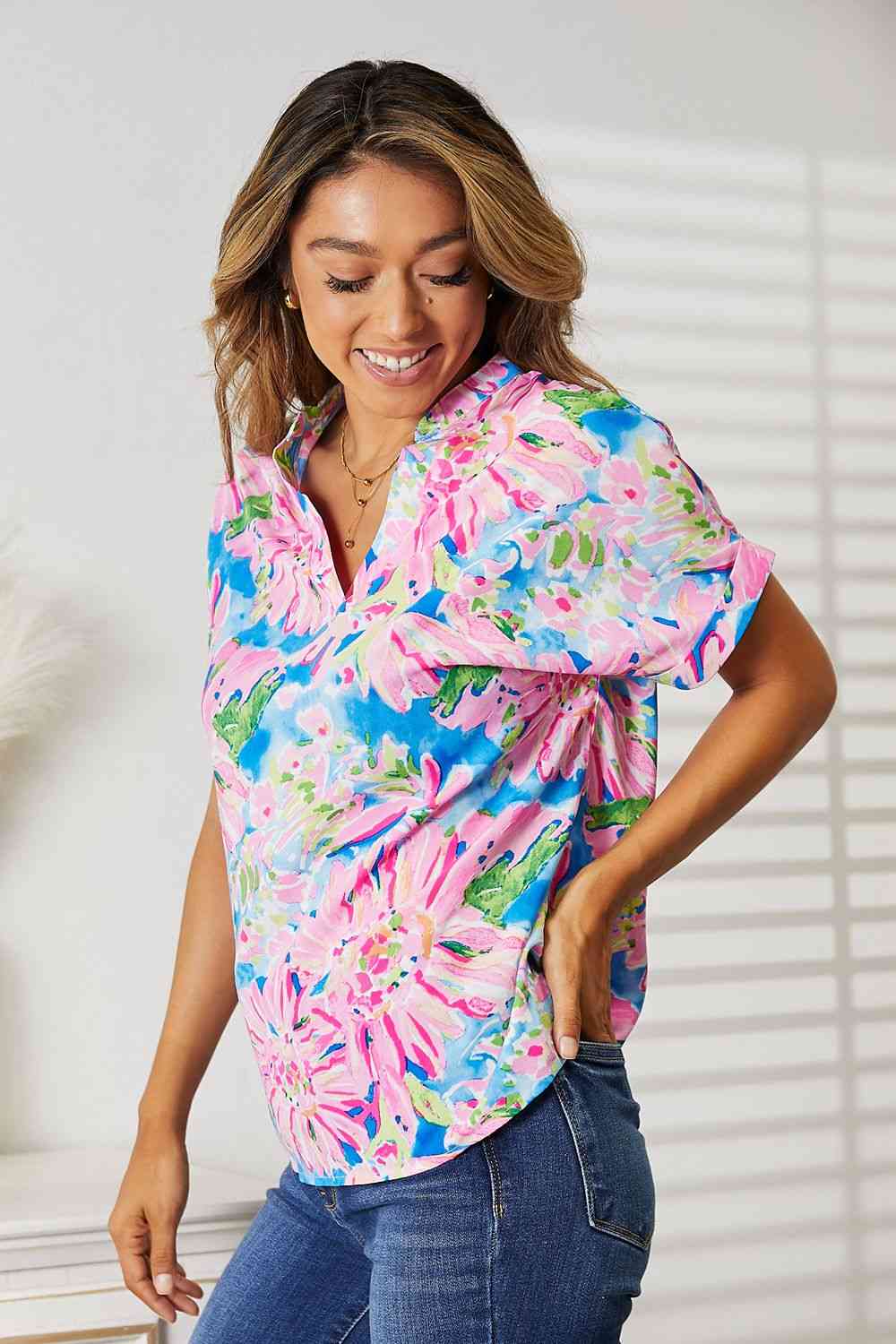 Double Take Floral Notched Neck Short Sleeve Top - Mythical Kitty Boutique