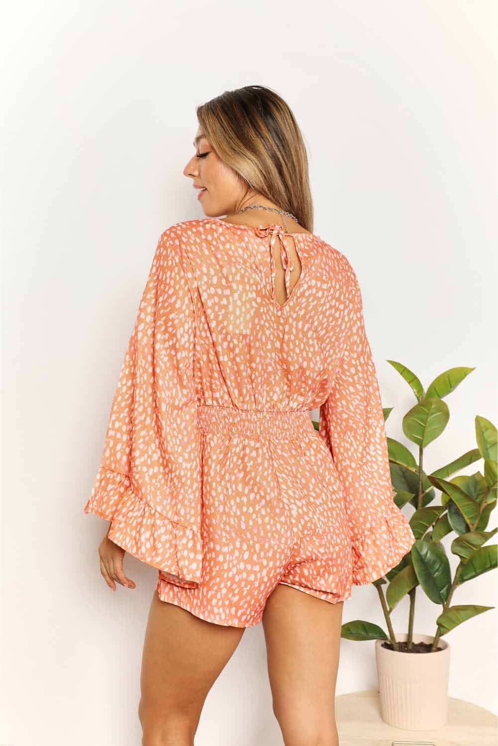 Double Take Printed Flare Sleeve Surplice Romper - Mythical Kitty Boutique