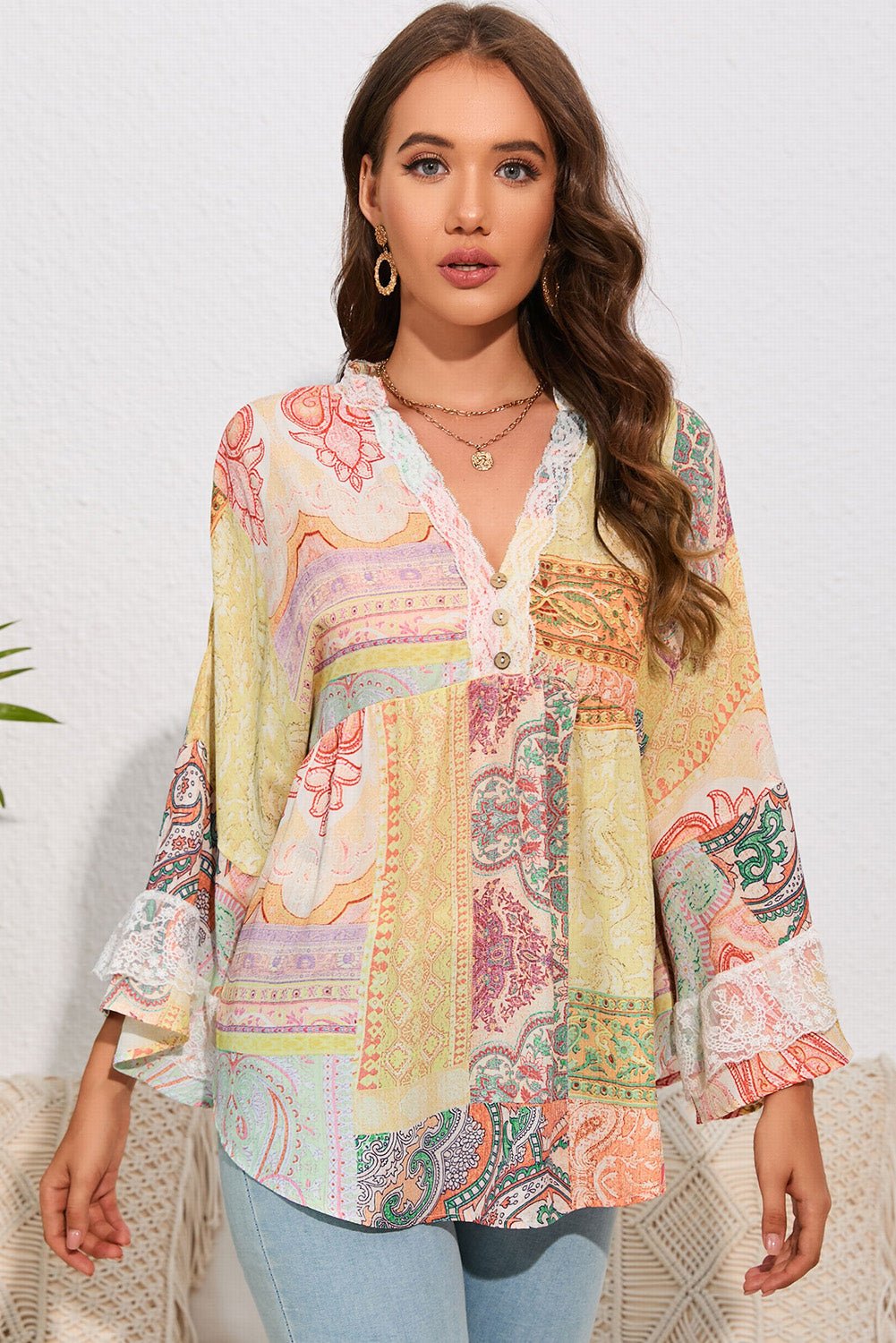 Double Take Printed Lace Trim Buttoned Blouse - Mythical Kitty Boutique