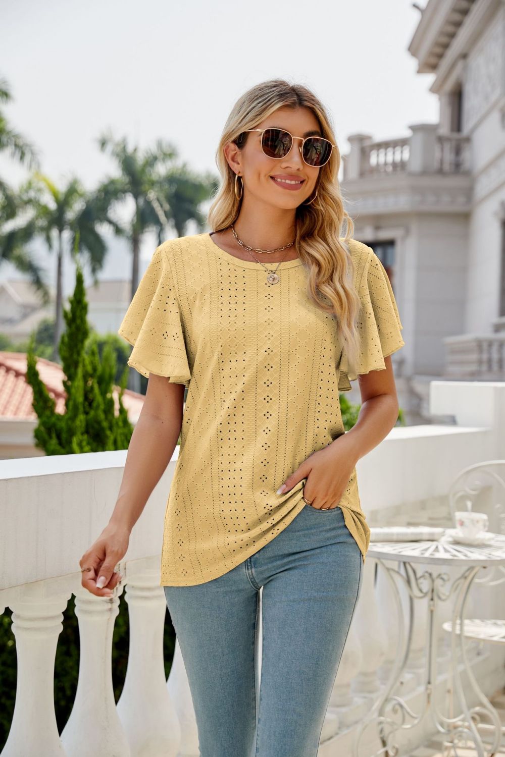 Eyelet Flutter Sleeve Round Neck Top - Mythical Kitty Boutique