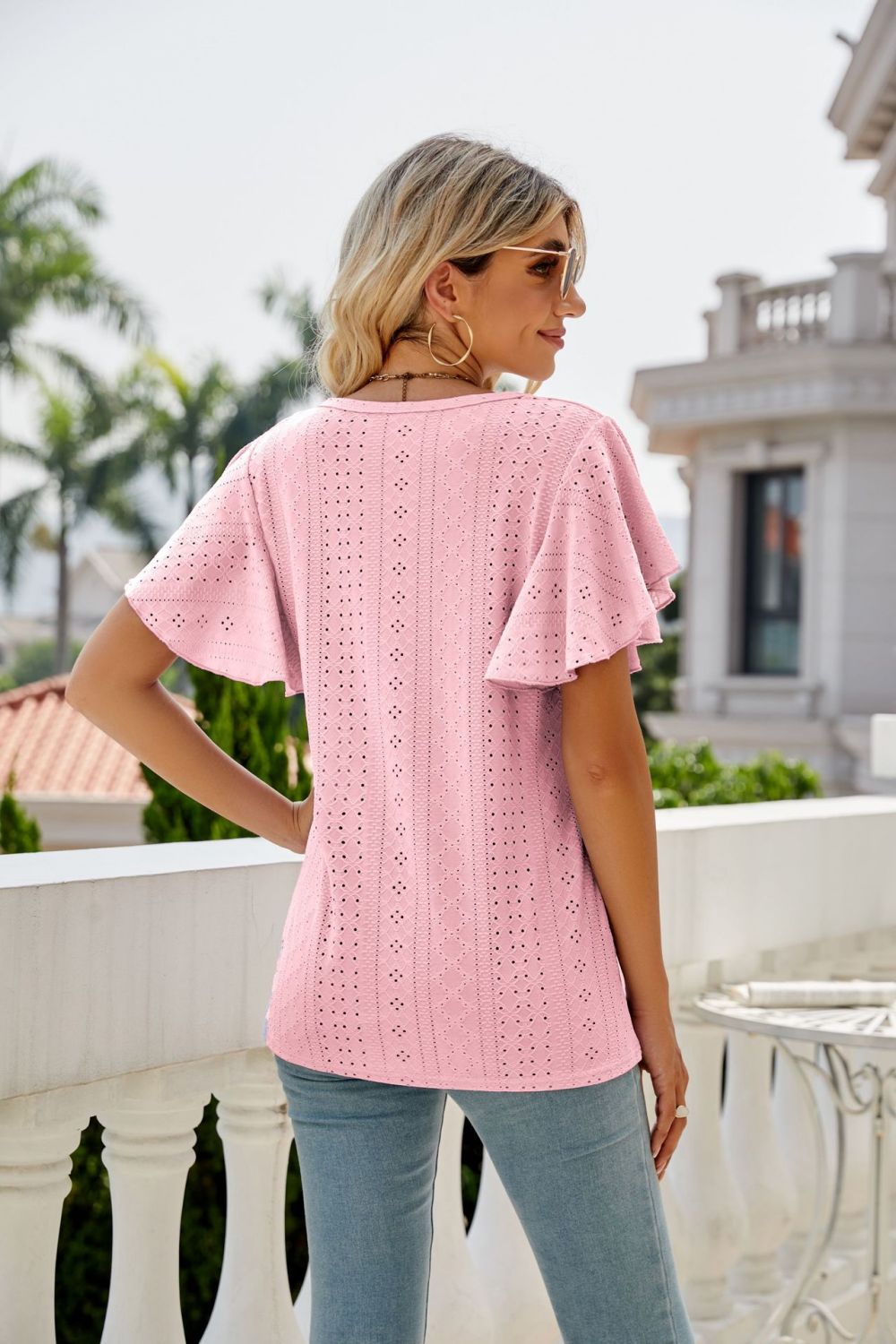 Eyelet Flutter Sleeve Round Neck Top - Mythical Kitty Boutique