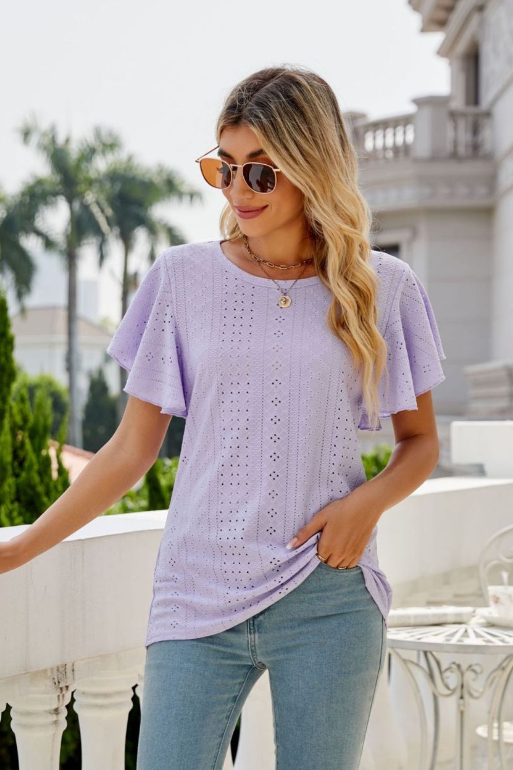 Eyelet Flutter Sleeve Round Neck Top - Mythical Kitty Boutique