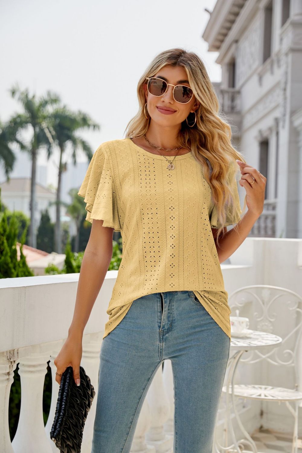 Eyelet Flutter Sleeve Round Neck Top - Mythical Kitty Boutique