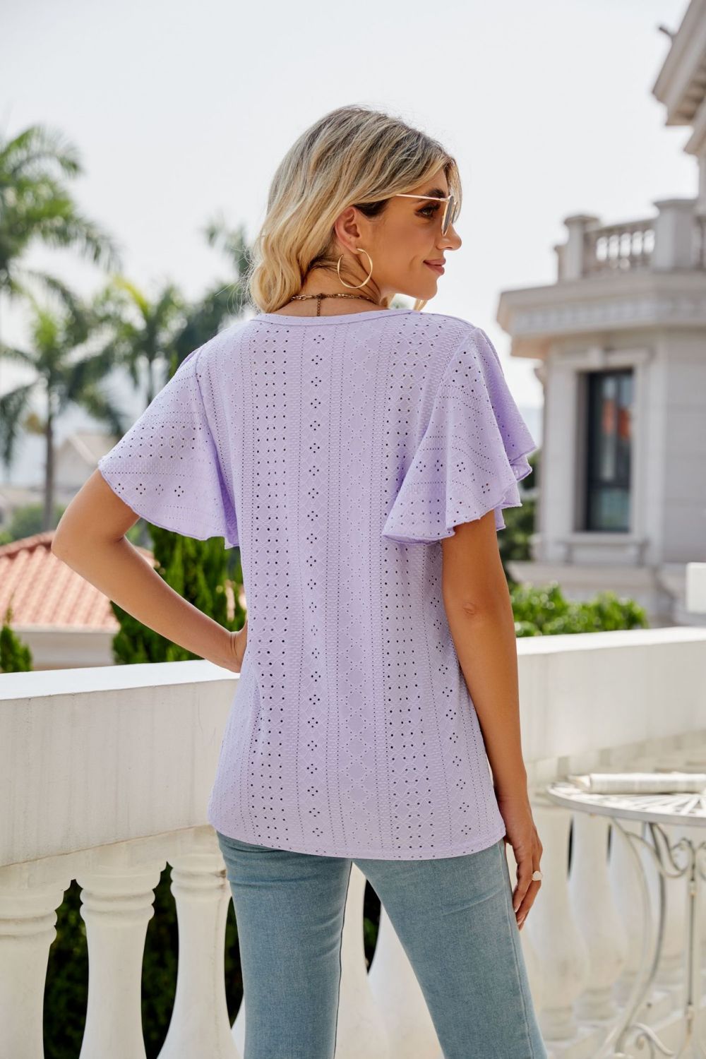 Eyelet Flutter Sleeve Round Neck Top - Mythical Kitty Boutique