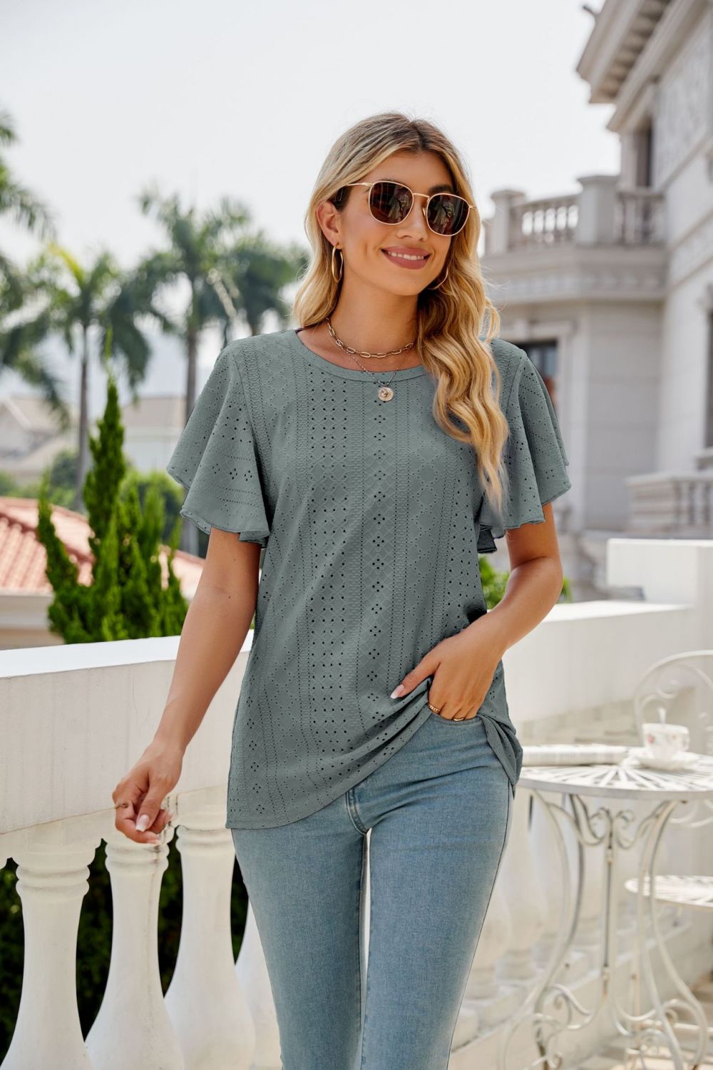 Eyelet Flutter Sleeve Round Neck Top - Mythical Kitty Boutique