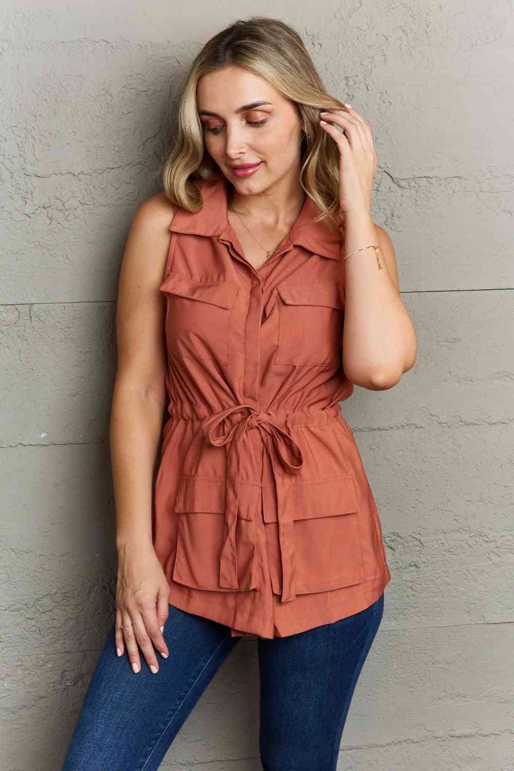 Follow The Light Sleeveless Collared Button Down Top - Mythical Kitty Boutique