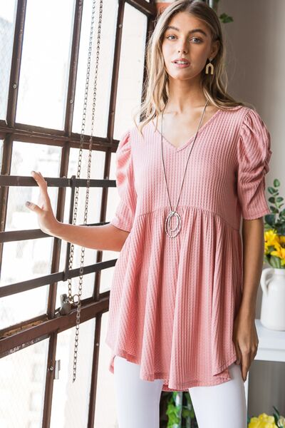 Heimish Waffle Knit V-Neck Babydoll Top - Mythical Kitty Boutique