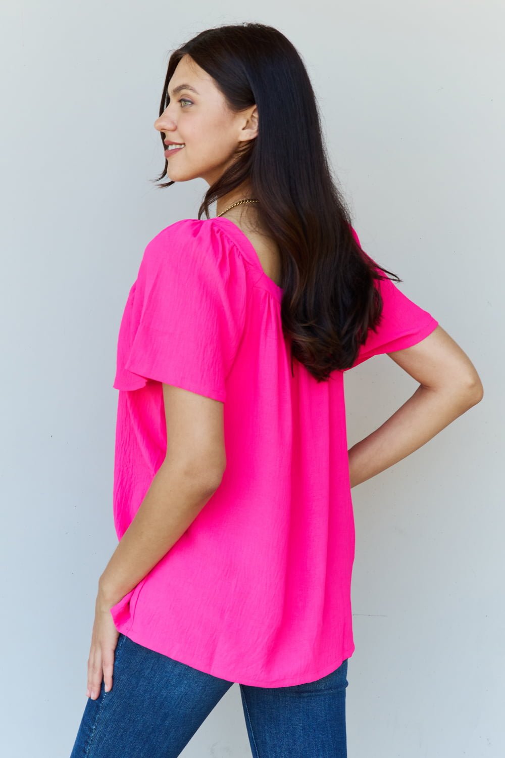 Keep Me Close Square Neck Short Sleeve Blouse in Fuchsia - Mythical Kitty Boutique