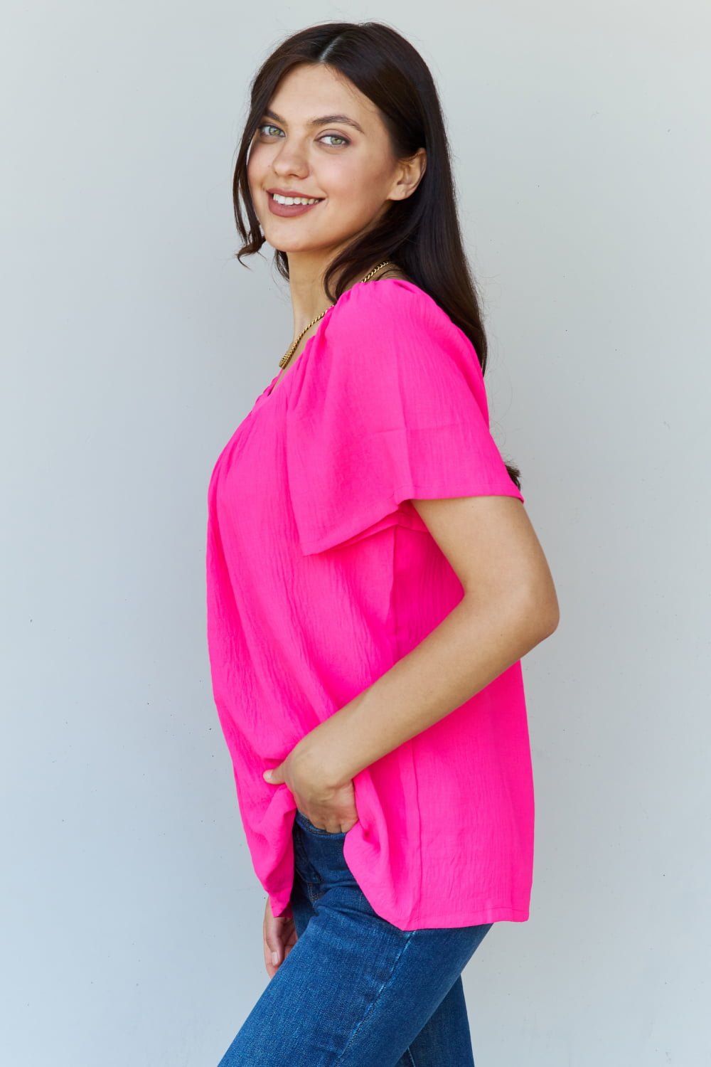 Keep Me Close Square Neck Short Sleeve Blouse in Fuchsia - Mythical Kitty Boutique