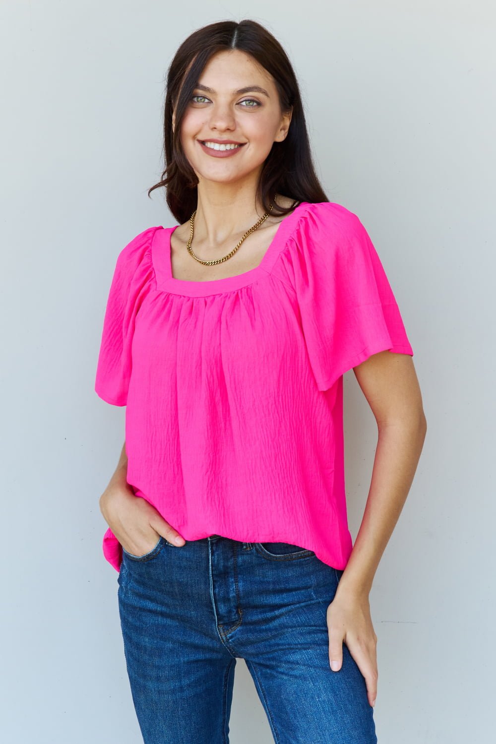 Keep Me Close Square Neck Short Sleeve Blouse in Fuchsia - Mythical Kitty Boutique