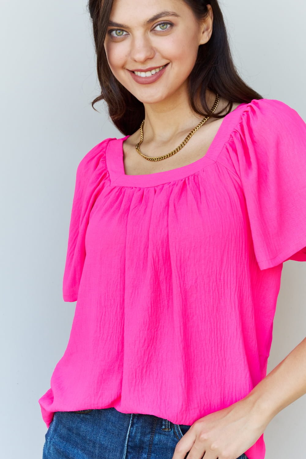 Keep Me Close Square Neck Short Sleeve Blouse in Fuchsia - Mythical Kitty Boutique