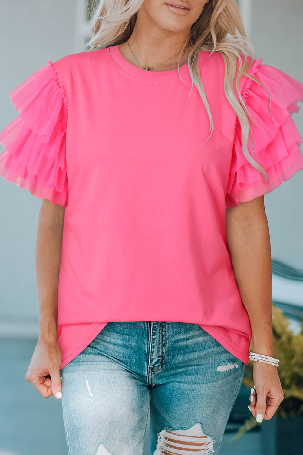 Layered Mesh Sleeve Round Neck Tee - Mythical Kitty Boutique