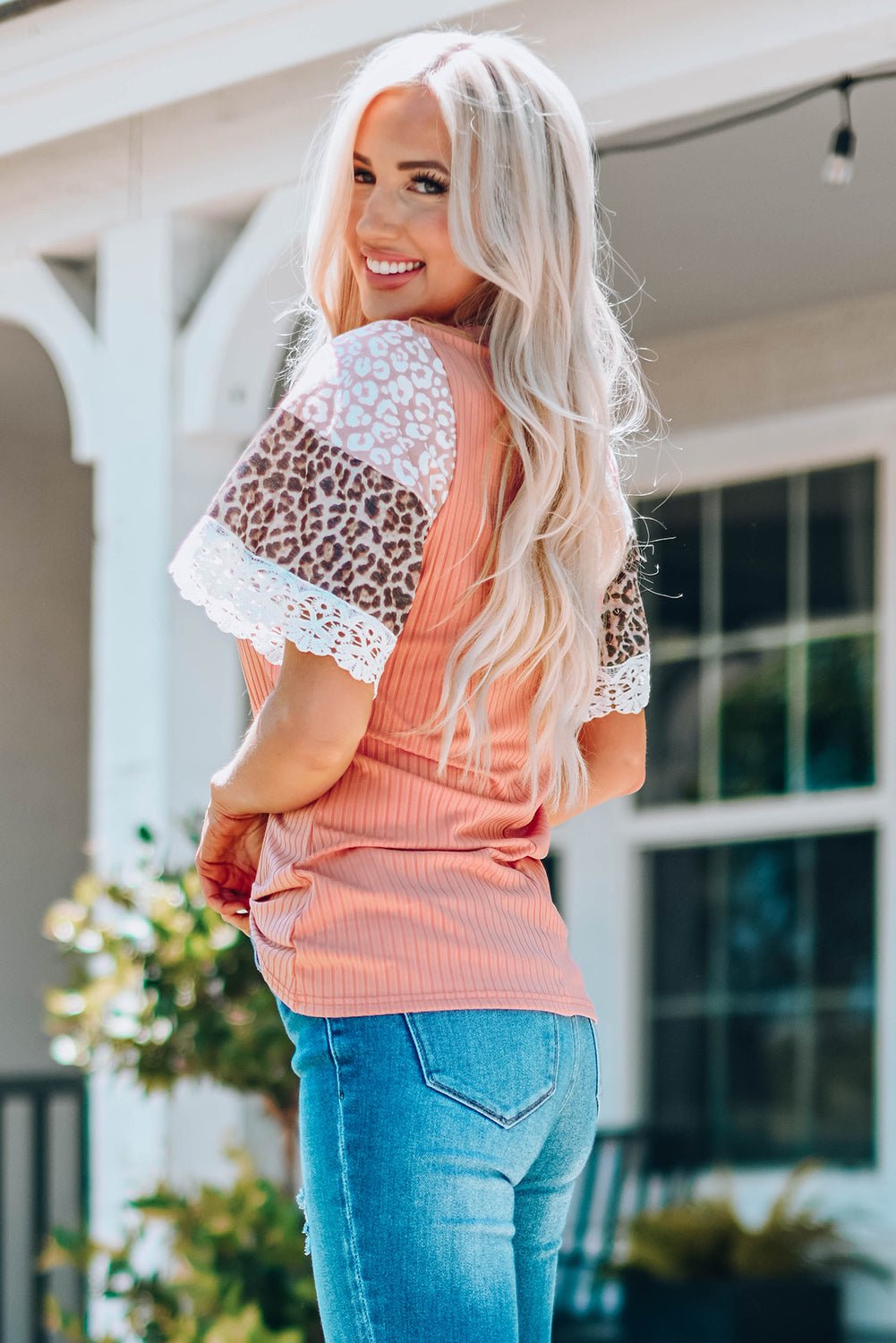 Leopard Lace Trim Ribbed Round Neck Top - Mythical Kitty Boutique