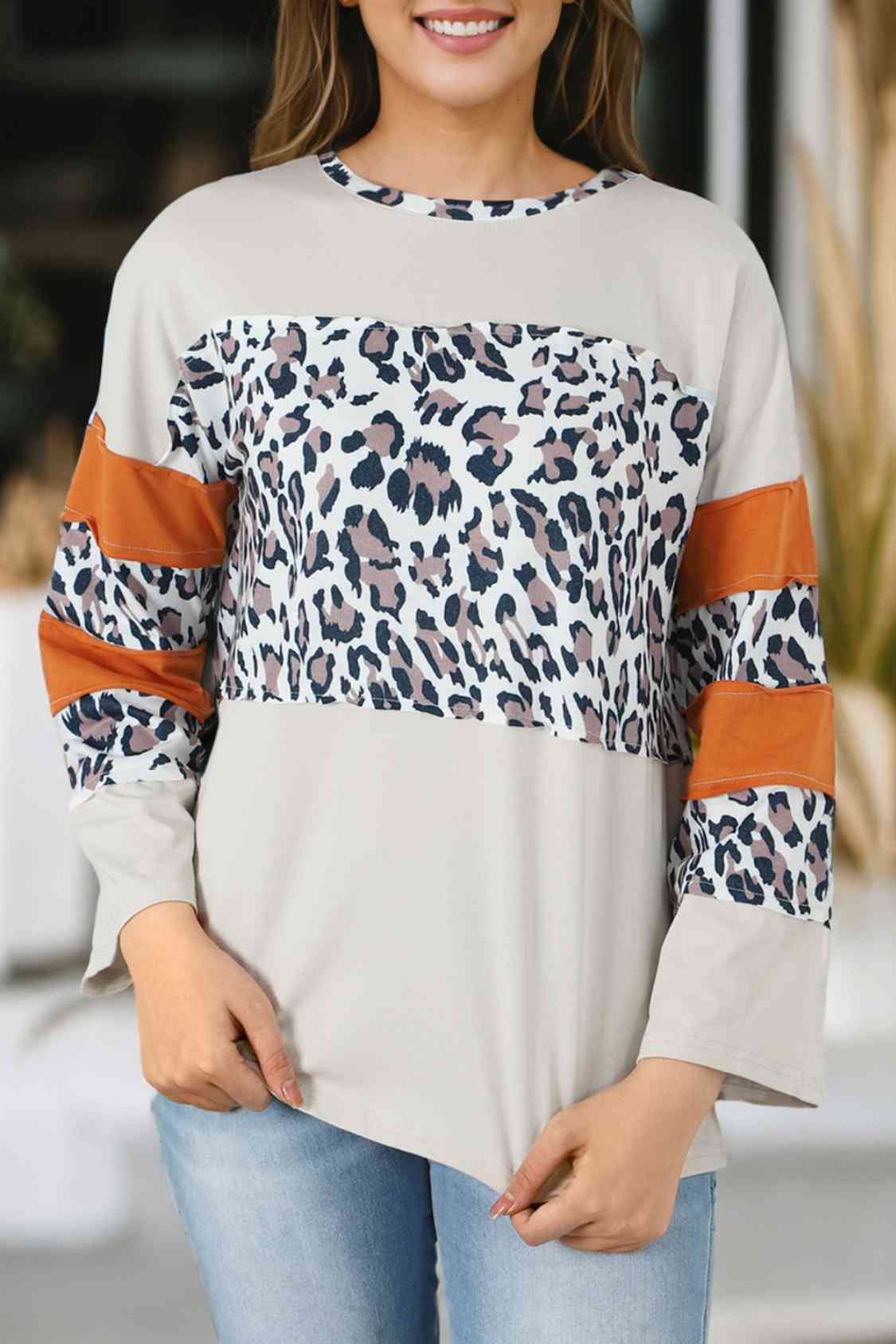 Leopard Long Sleeve Slit Top - Mythical Kitty Boutique