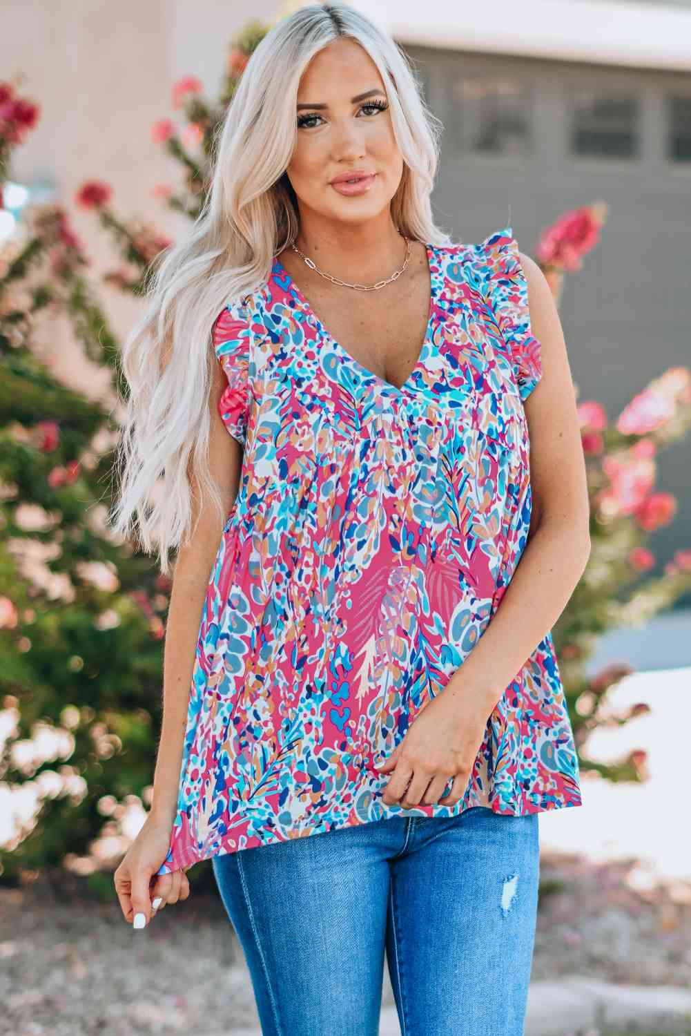 Printed Flutter Sleeve V-Neck Top - Mythical Kitty Boutique