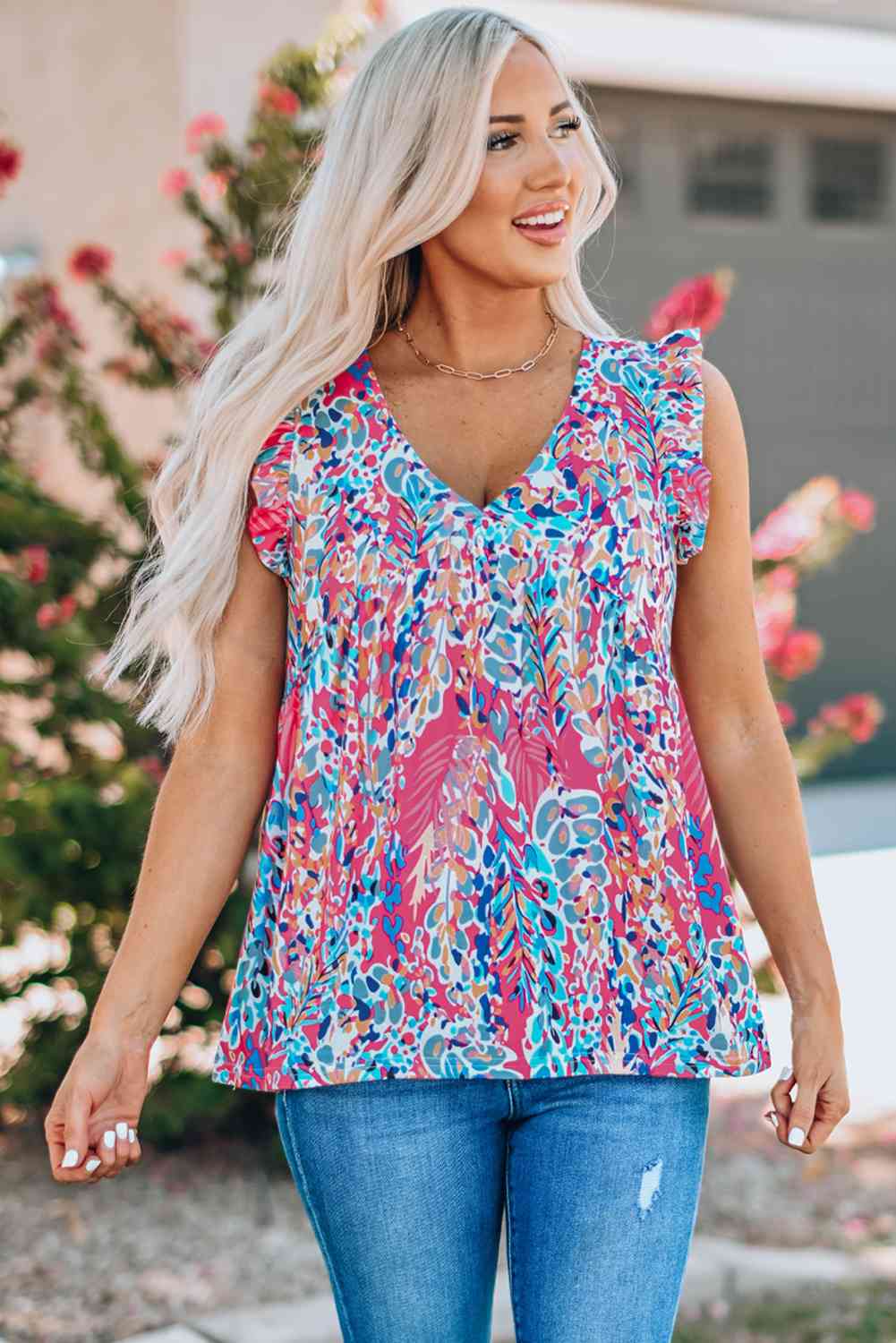 Printed Flutter Sleeve V-Neck Top - Mythical Kitty Boutique