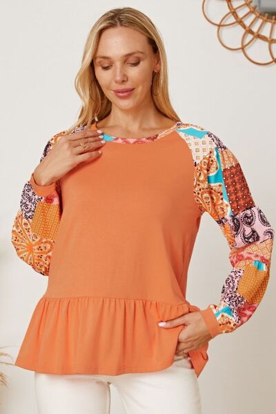 Printed Round Neck Peplum Blouse - Mythical Kitty Boutique