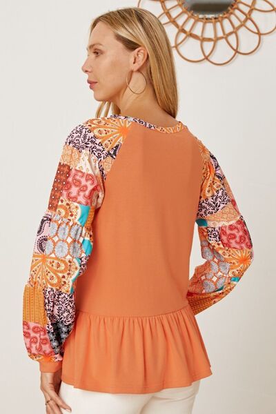 Printed Round Neck Peplum Blouse - Mythical Kitty Boutique