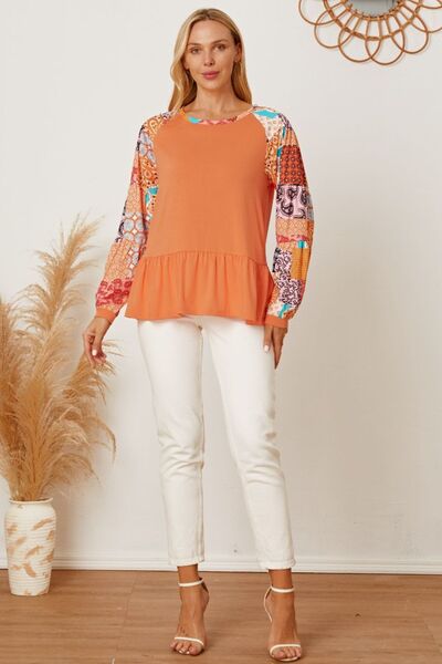 Printed Round Neck Peplum Blouse - Mythical Kitty Boutique