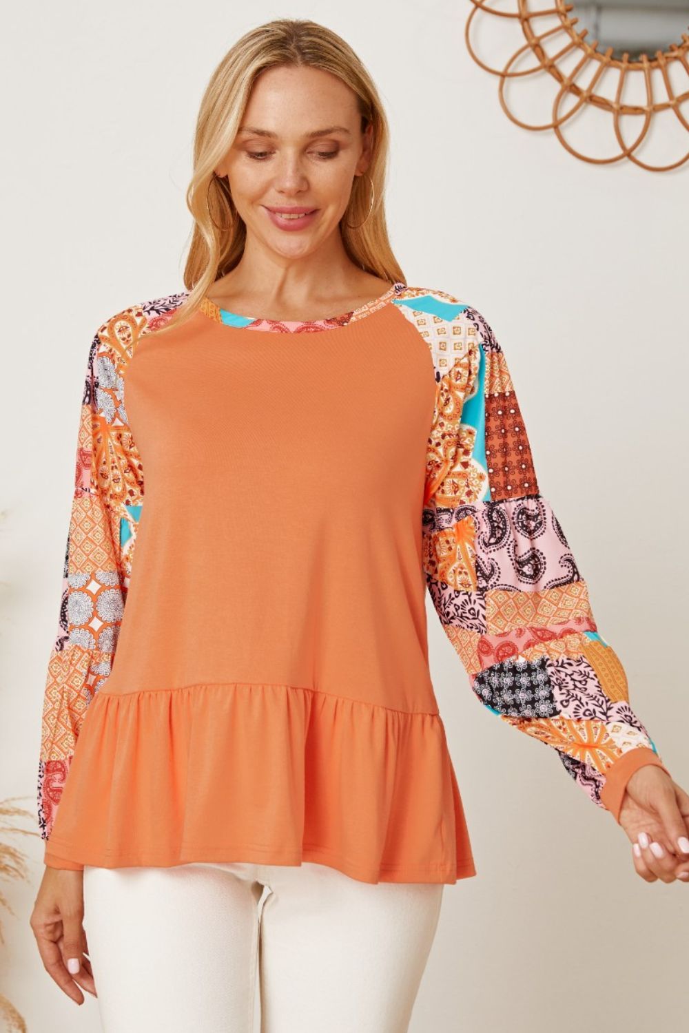 Printed Round Neck Peplum Blouse - Mythical Kitty Boutique