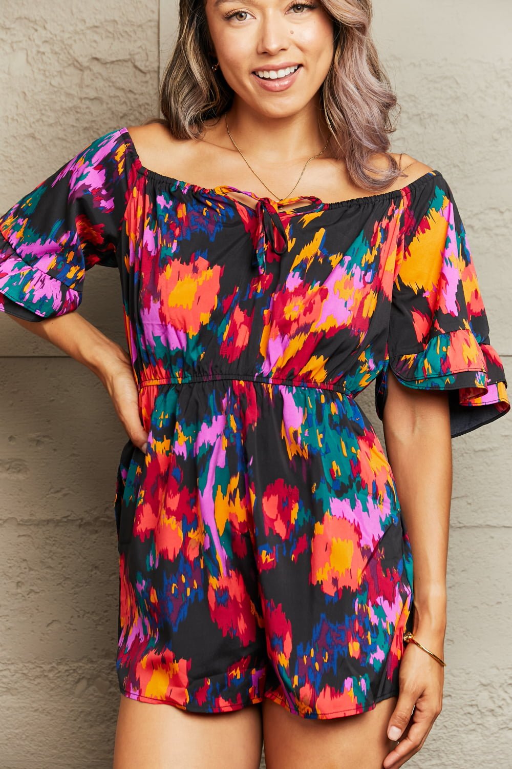 Printed Tied Flounce Sleeve Romper - Mythical Kitty Boutique