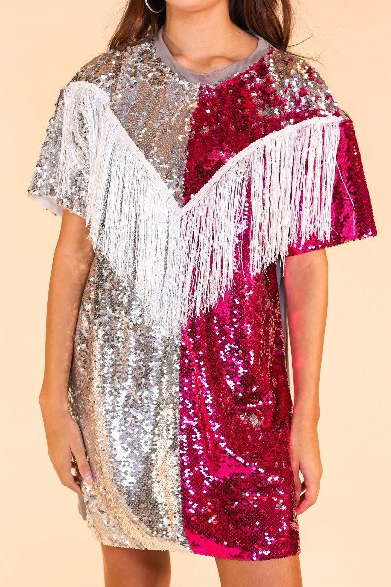 Putting On A Show Sequin Dress With Fringe - Mythical Kitty Boutique